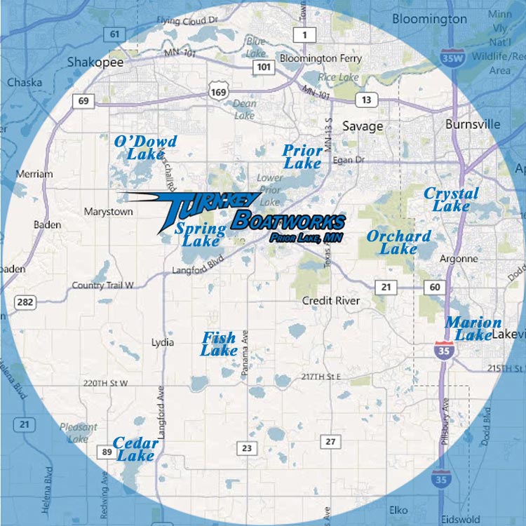 Turnkey Boatworks in Prior Lake, Minnesota is a top provider of boat repair, boat winterization, boat storage and other services to clients within 20 miles of Prior Lake including the cities of Bloomington, Burnsville, Chaska, Elko New Market, Jordan, Lakeville, New Prague, Prior Lake, Savage and Shakopee and the lakes of Cedar Lake, Crystal Lake, Fish Lake, Marion Lake, O'Dowd Lake, Orchard Lake, Prior Lake, Spring Lake and others within our service area.